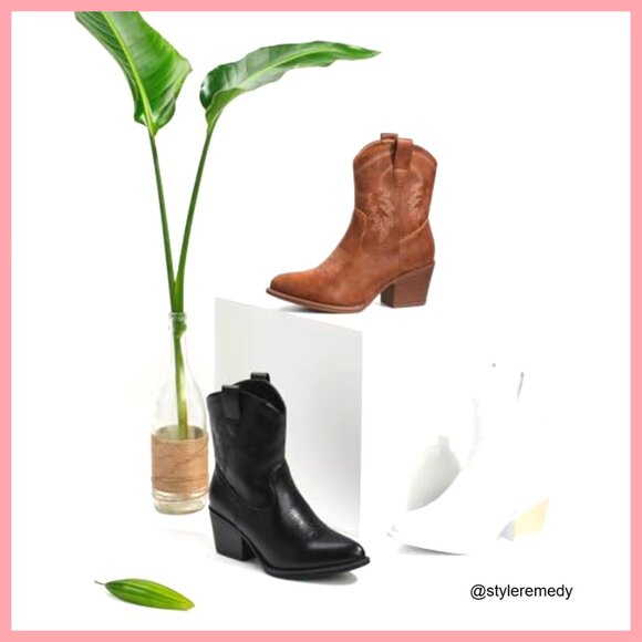 Western Booties with Embroidered PU Leather, Pointed Toe, Low Heel - Picture 5 of 7